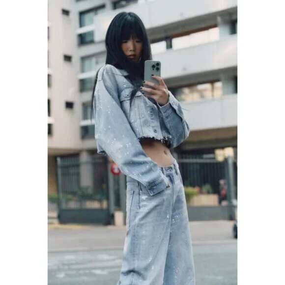 ZARA TRF STRASS CROP DENIM JACKET - Picture 1 of 9